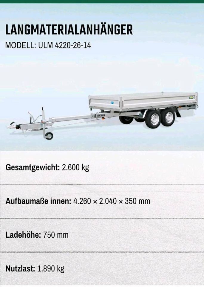 Unsinn ULM 4220-26-14 Langmaterialanhänger 426x204x35cm