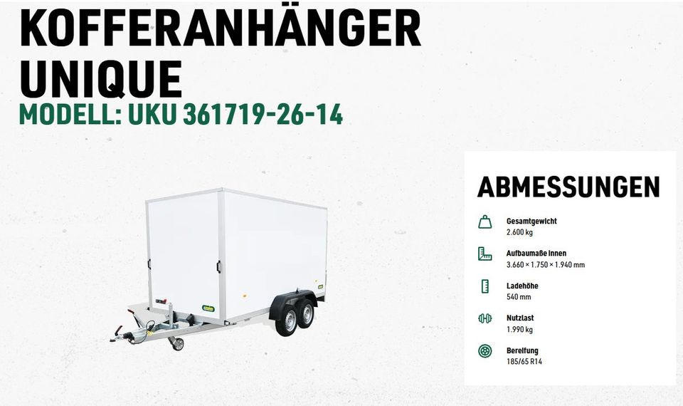 Kofferanhänger UNSINN UKU 361719-26-14  2.600 kg  100 km/h